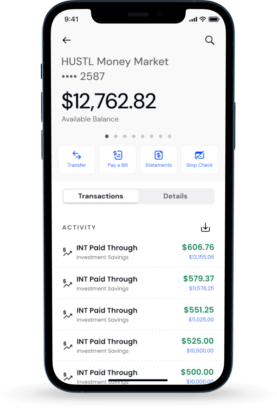 HUSTL Money Market account screen